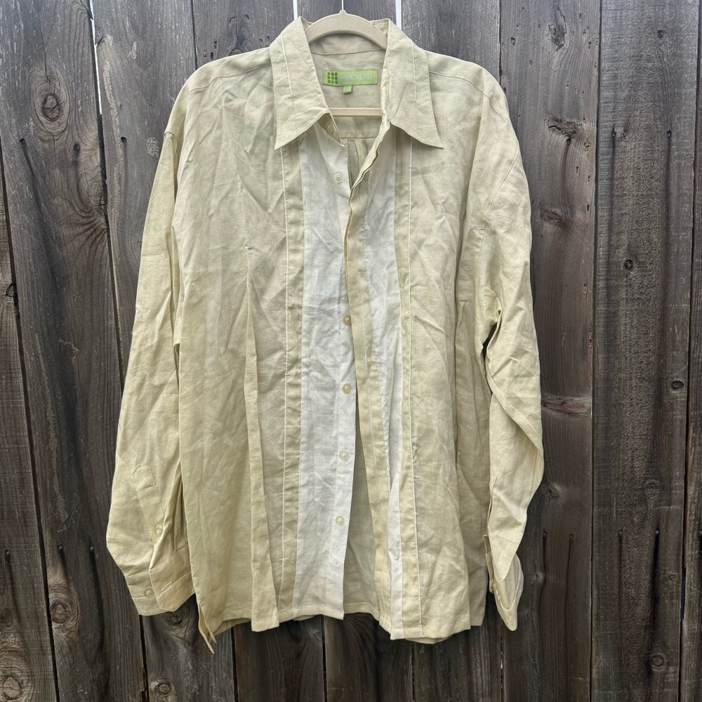 EUC Maxini Men Tan Linen Button Down Long Sleeve Shirt XL